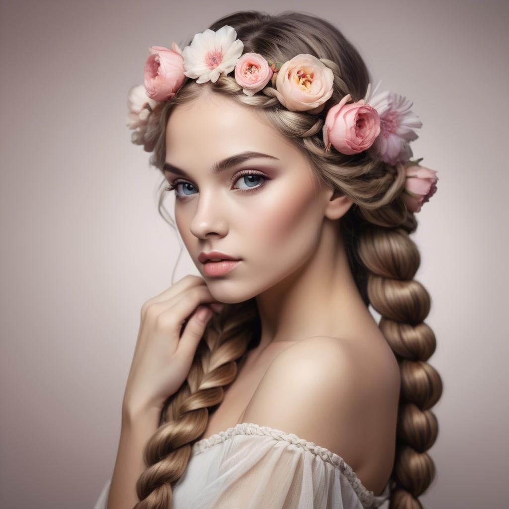 A stunning image of feminine beauty with flowers braided into her hair.