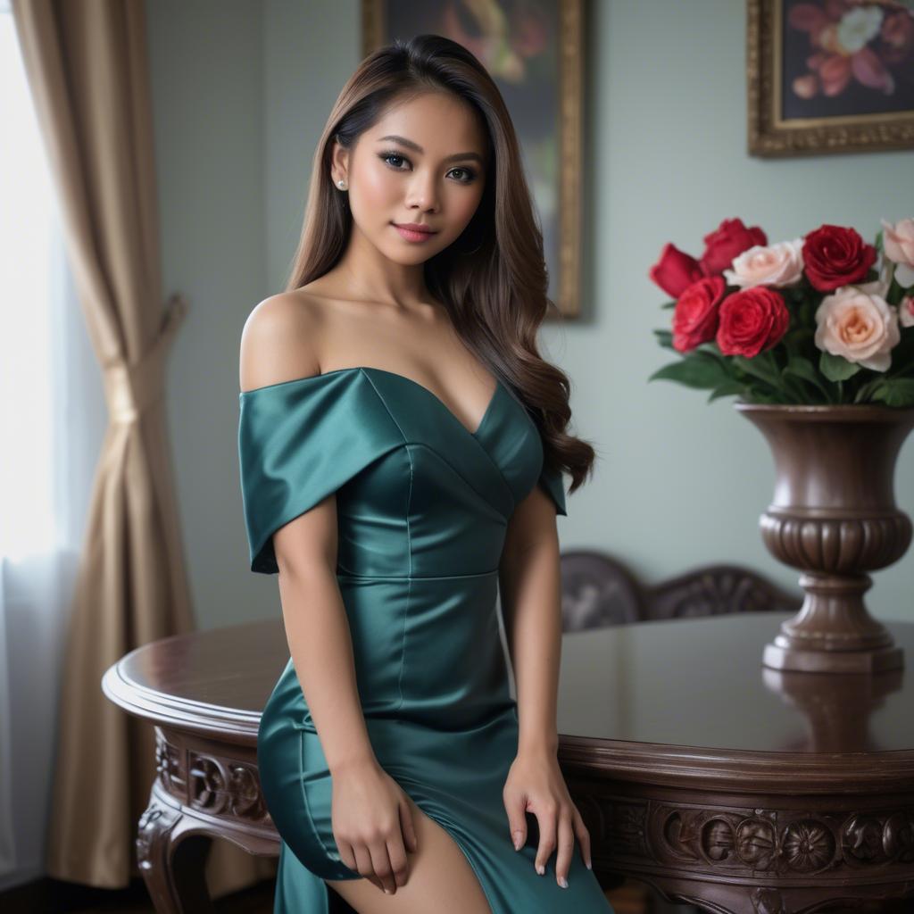 A stunning image of filipina beauty in a satin dress.