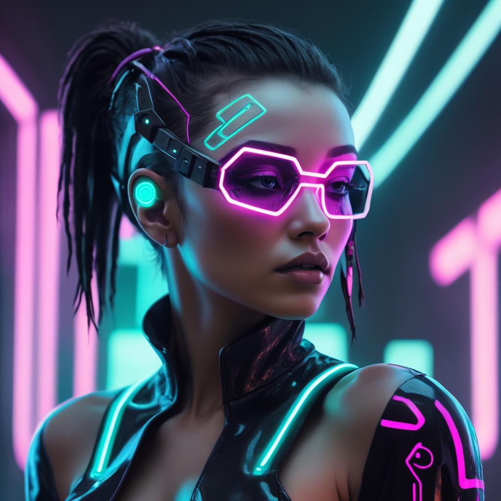 A stunning image of futuristic woman with neon cyberpunk aesthetic.