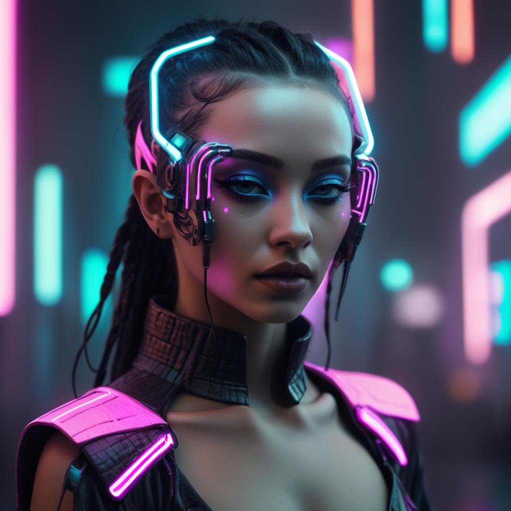A stunning image of futuristic woman with neon cyberpunk aesthetic.