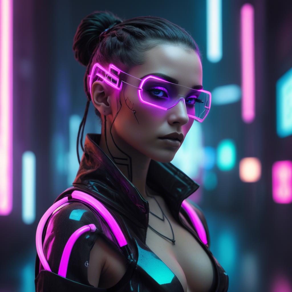 A stunning image of futuristic woman with neon cyberpunk aesthetic.