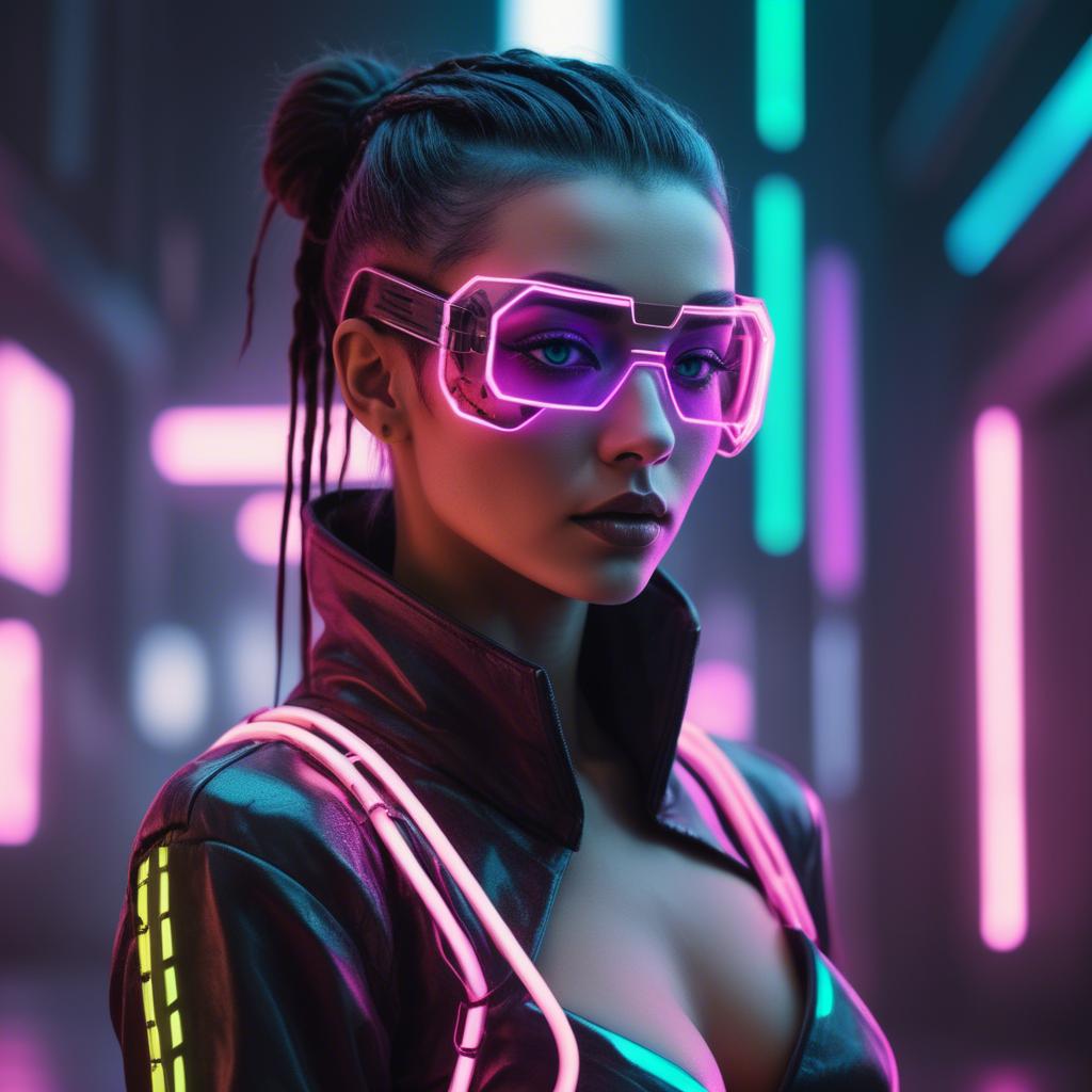 A stunning image of futuristic woman with neon cyberpunk aesthetic.