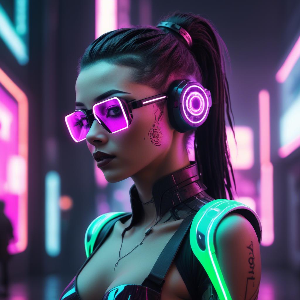A stunning image of futuristic woman with neon cyberpunk aesthetic.