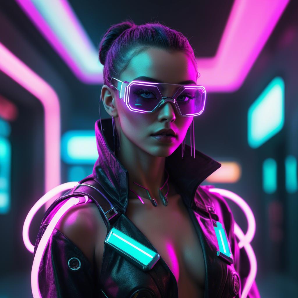 A stunning image of futuristic woman with neon cyberpunk aesthetic.