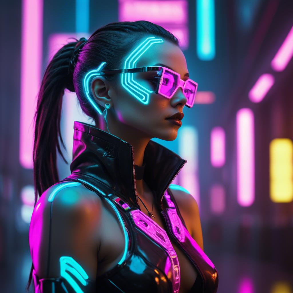 A stunning image of futuristic woman with neon cyberpunk aesthetic.