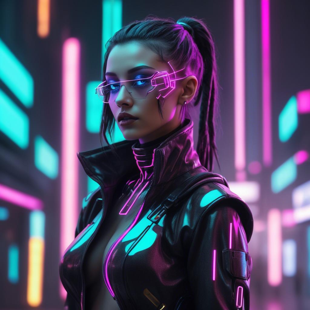 A stunning image of futuristic woman with neon cyberpunk aesthetic.
