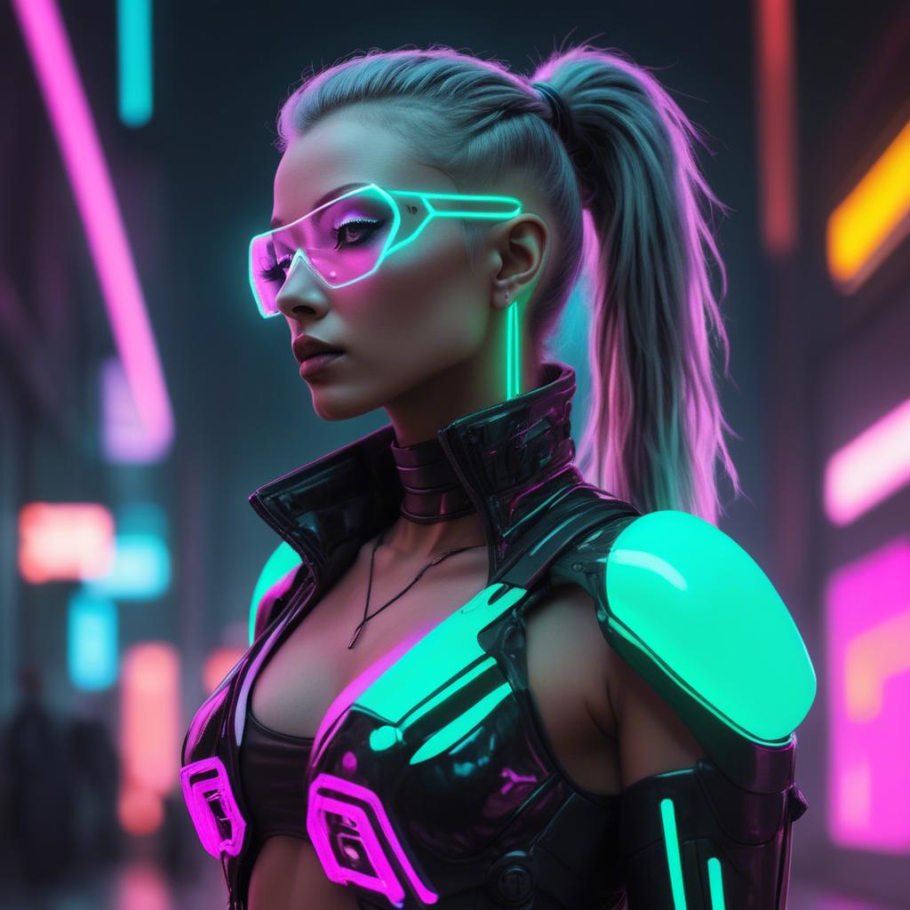 A stunning image of futuristic woman with neon cyberpunk aesthetic.