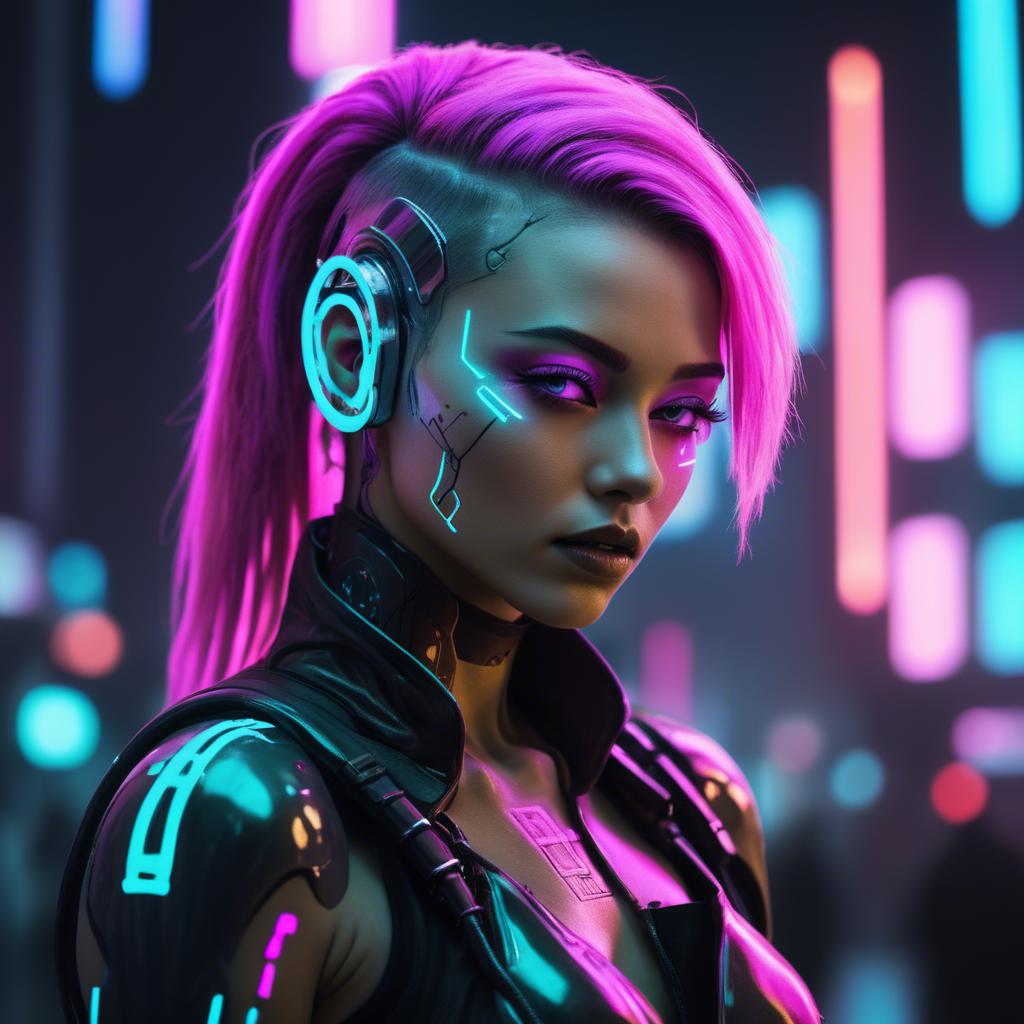 A stunning image of futuristic woman with neon cyberpunk aesthetic.
