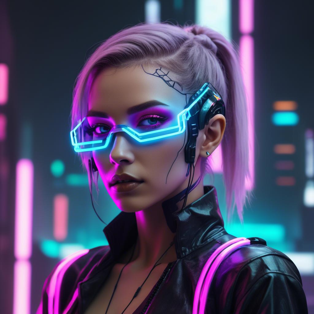 A stunning image of futuristic woman with neon cyberpunk aesthetic.
