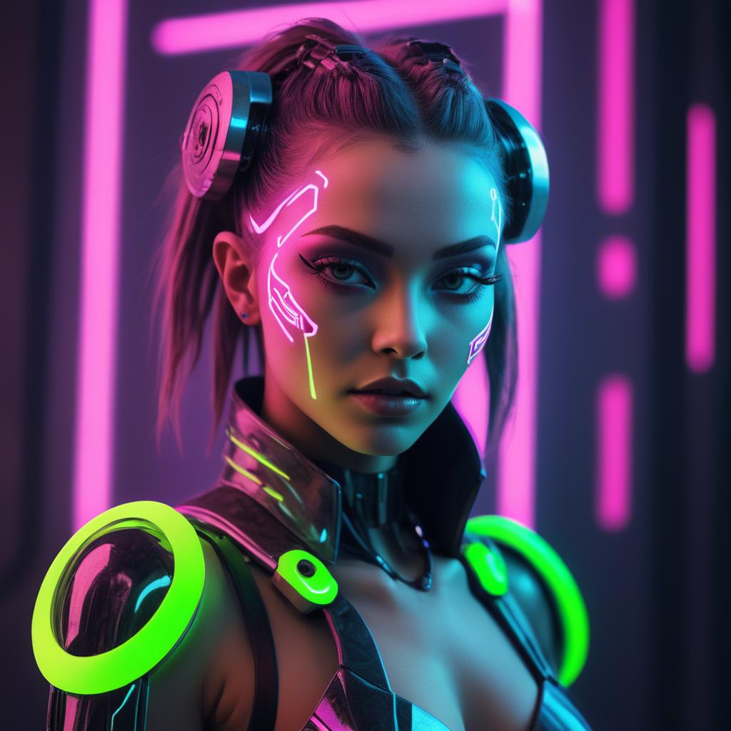 A stunning image of futuristic woman with neon cyberpunk aesthetic.