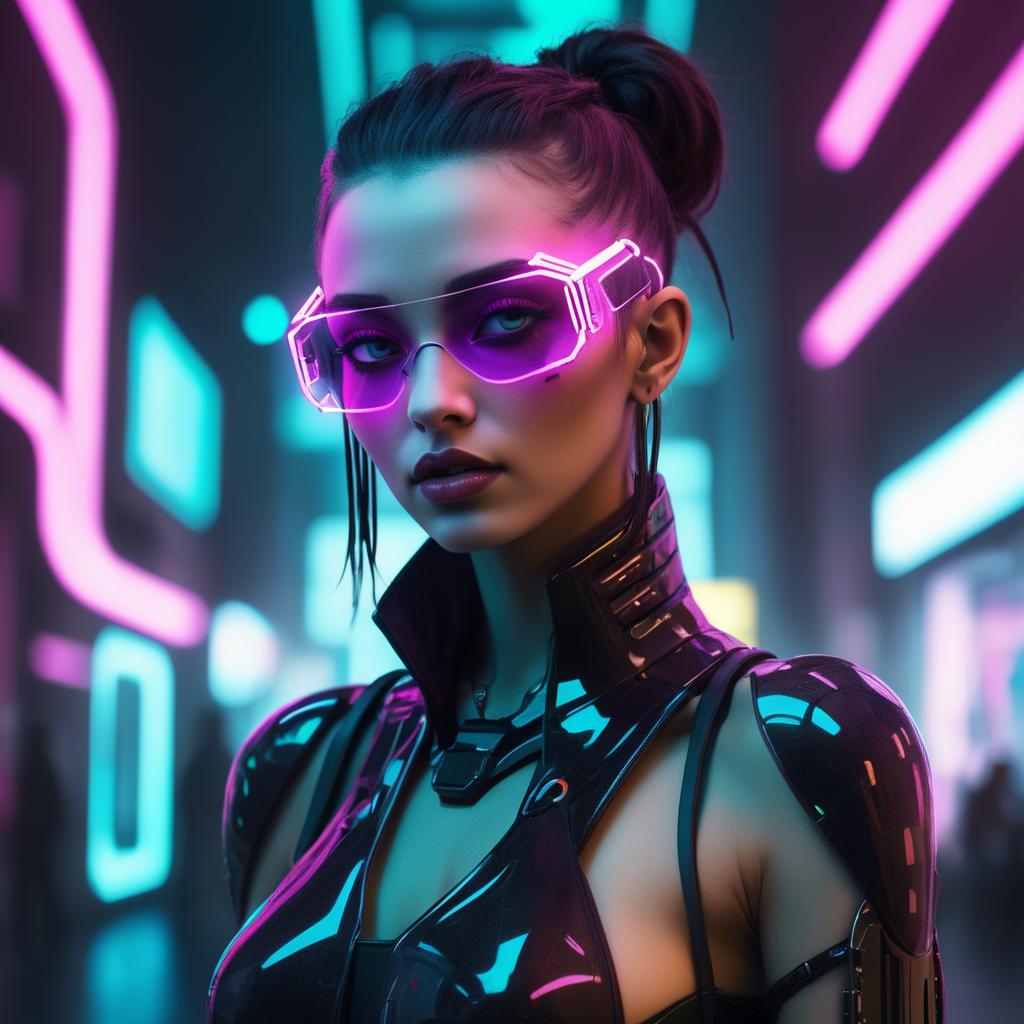 A stunning image of futuristic woman with neon cyberpunk aesthetic.