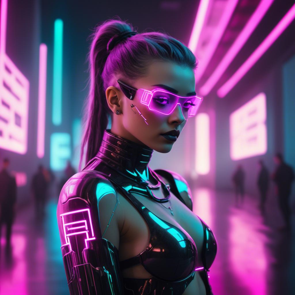 A stunning image of futuristic woman with neon cyberpunk aesthetic.