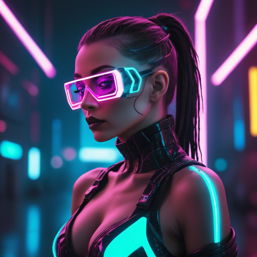 A stunning image of futuristic woman with neon cyberpunk aesthetic.