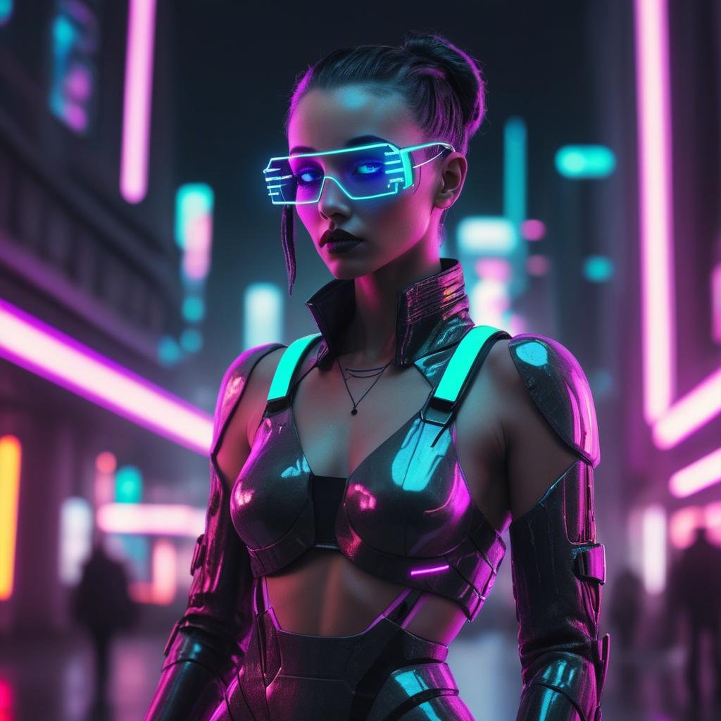 A stunning image of futuristic woman with neon cyberpunk aesthetic.