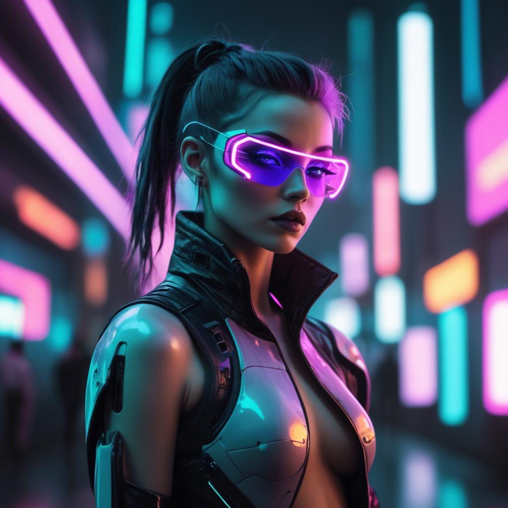 A stunning image of futuristic woman with neon cyberpunk aesthetic.