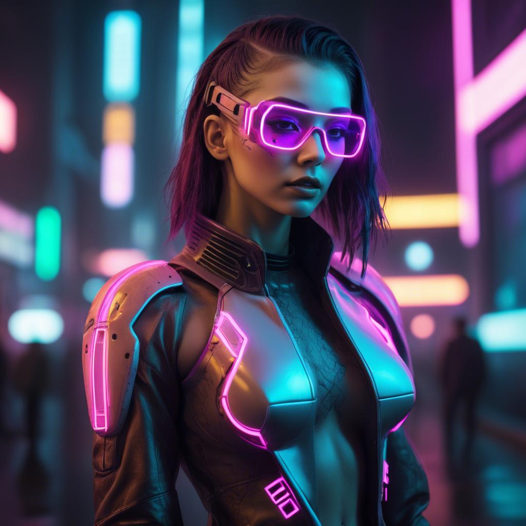 A stunning image of futuristic woman with neon cyberpunk aesthetic.