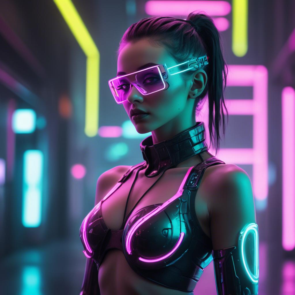 A stunning image of futuristic woman with neon cyberpunk aesthetic.