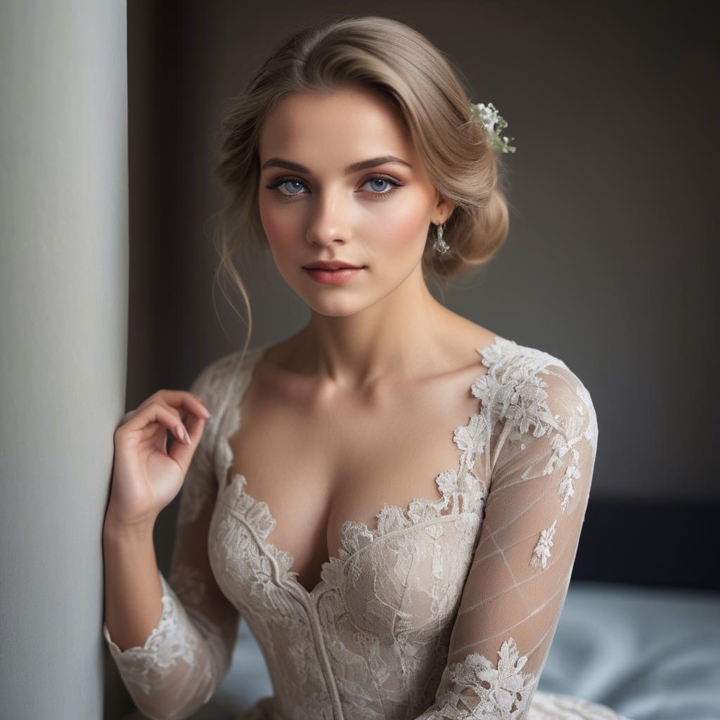 A stunning image of german beauty in a lace gown.