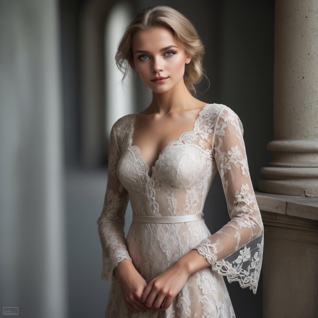 A stunning image of german beauty in a lace gown.