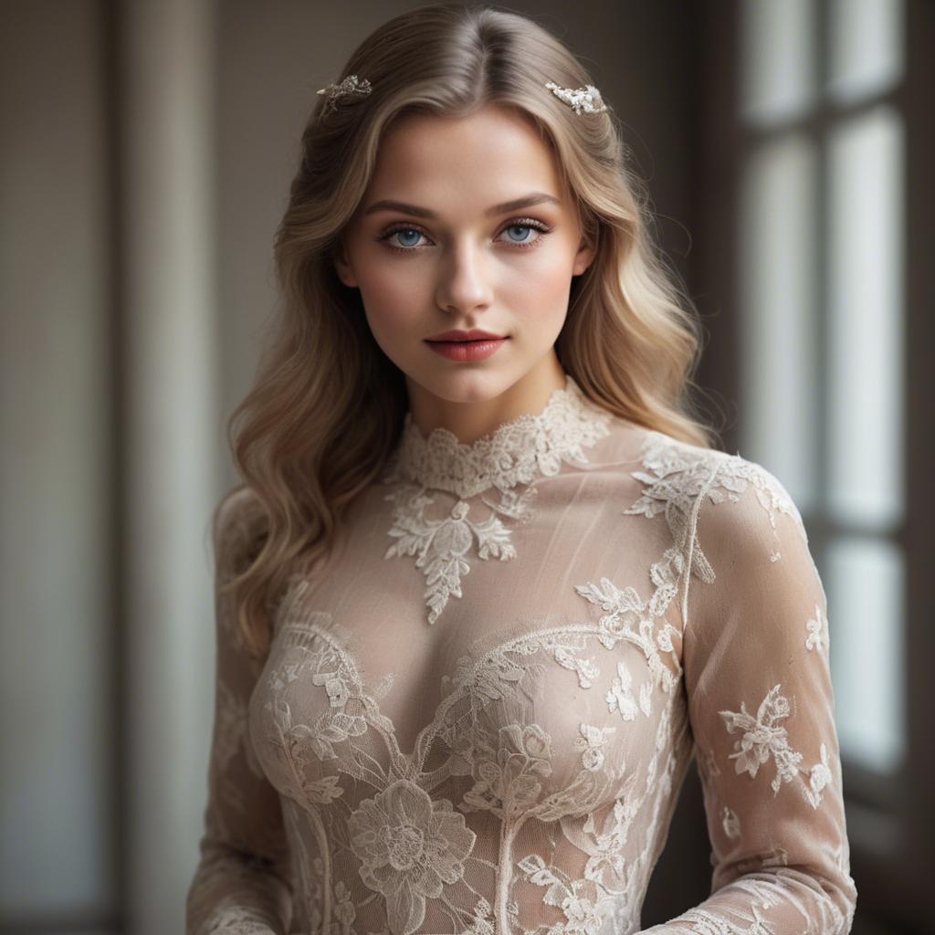 A stunning image of german beauty in a lace gown.