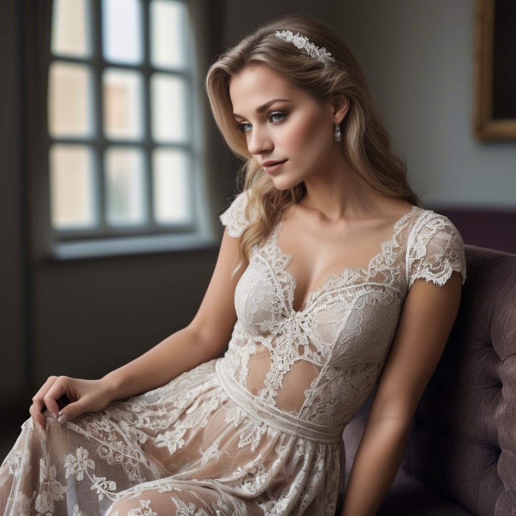A stunning image of german beauty in a lace gown.