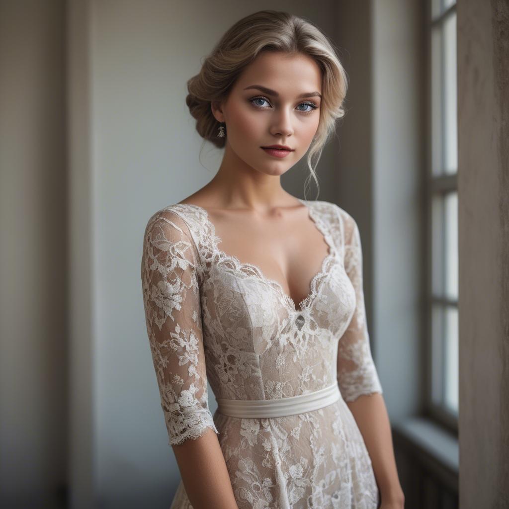 A stunning image of german beauty in a lace gown.