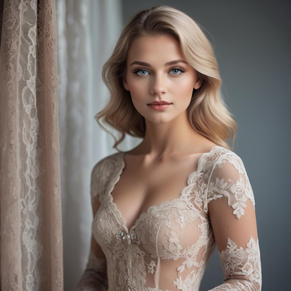 A stunning image of german beauty in a lace gown.