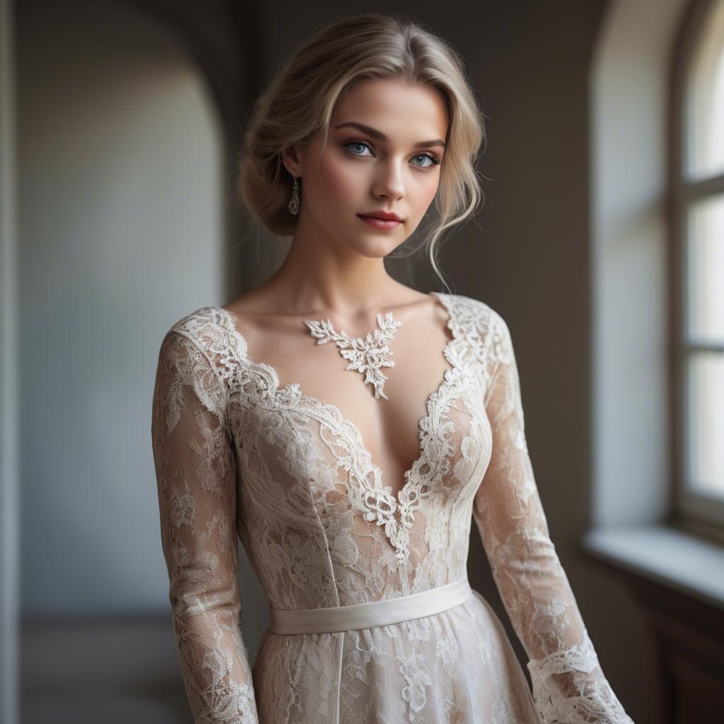 A stunning image of german beauty in a lace gown.