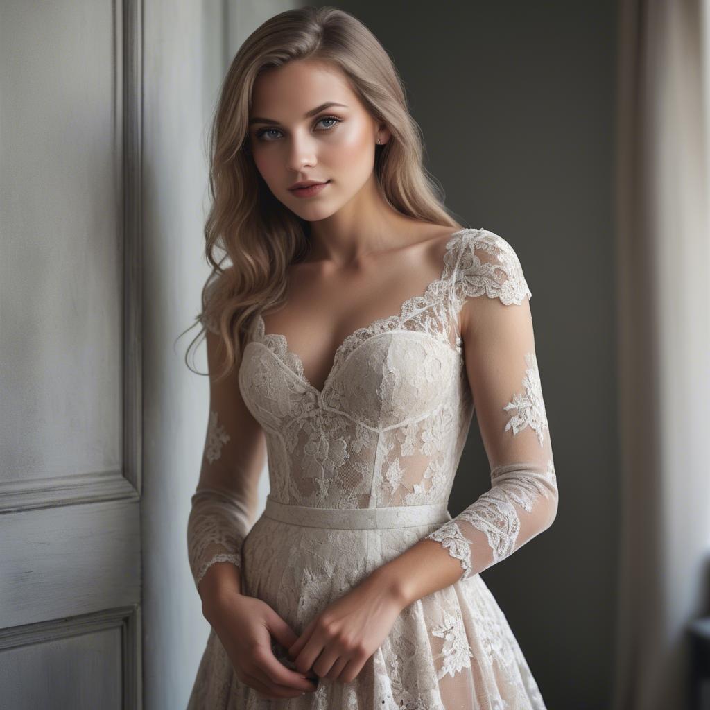 A stunning image of german beauty in a lace gown.