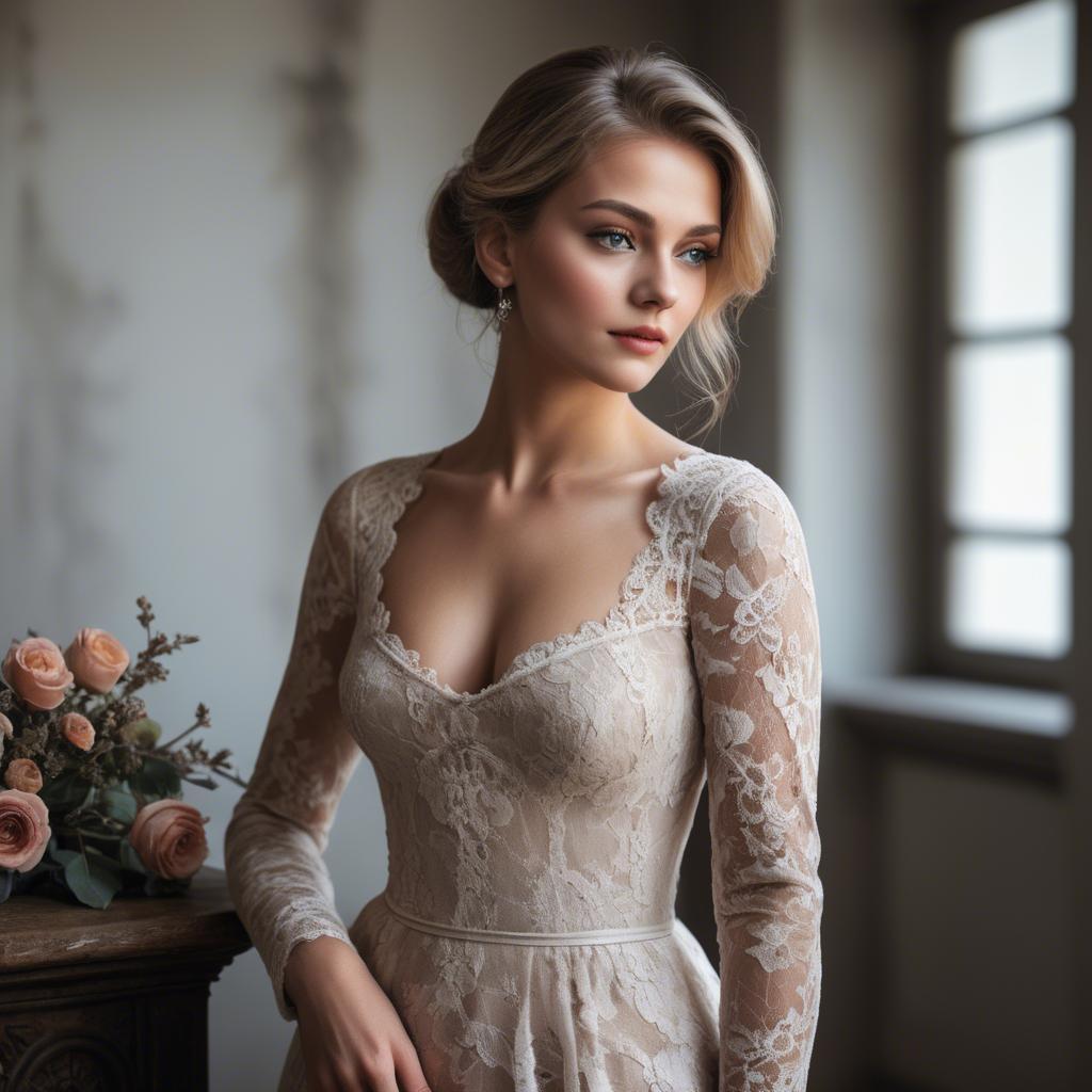 A stunning image of german beauty in a lace gown.