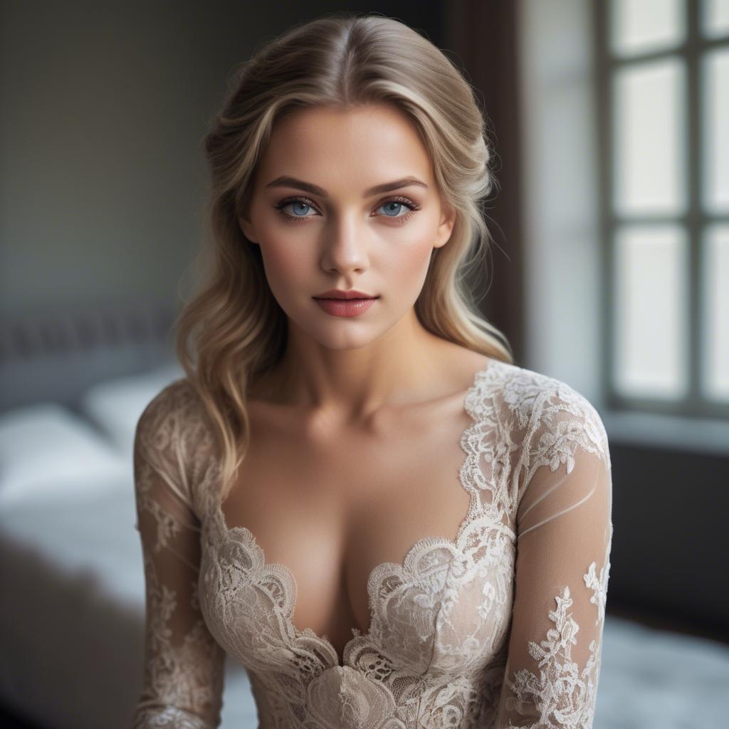 A stunning image of german beauty in a lace gown.