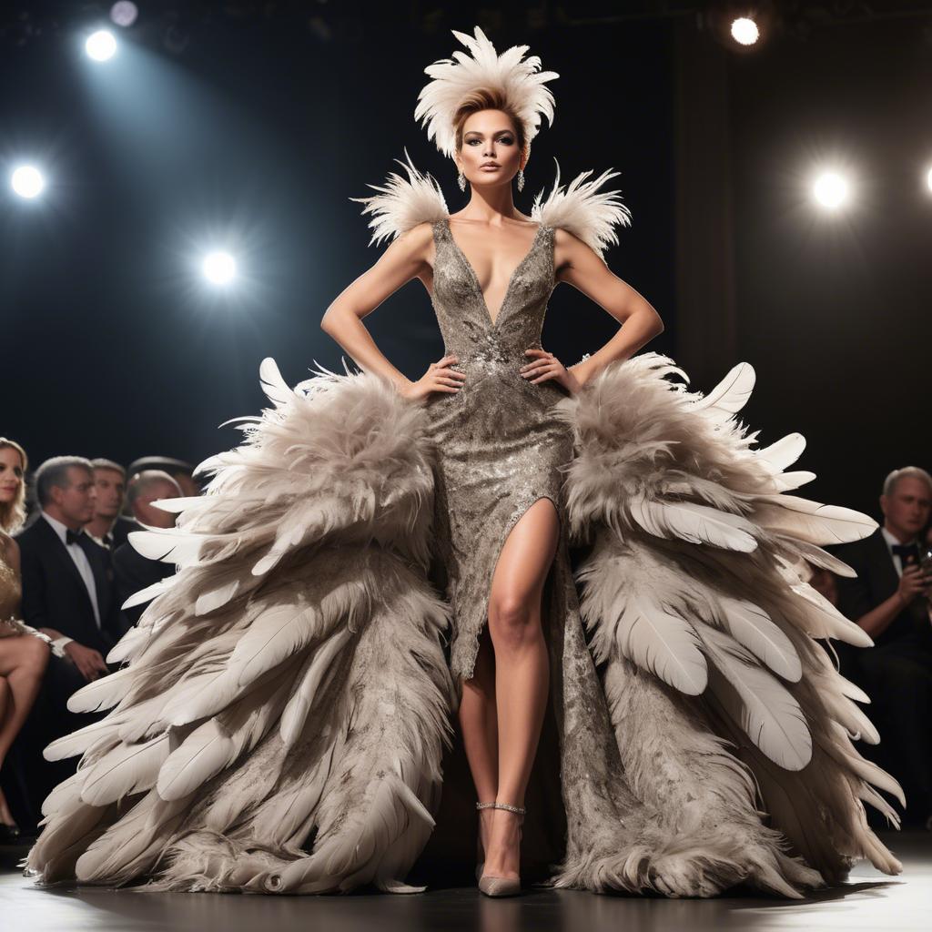 A stunning image of glamorous diva in a feathered gown on a grand stage.