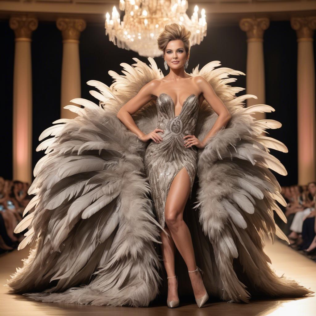 A stunning image of glamorous diva in a feathered gown on a grand stage.