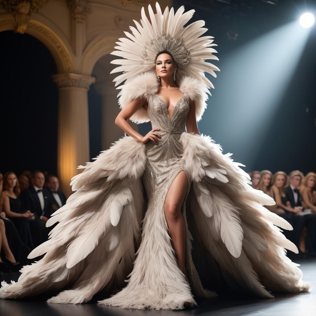 A stunning image of glamorous diva in a feathered gown on a grand stage.