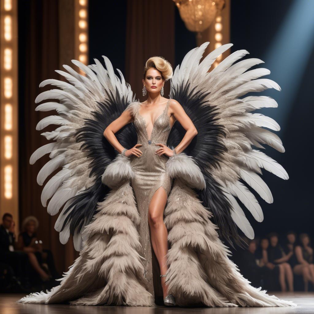 A stunning image of glamorous diva in a feathered gown on a grand stage.