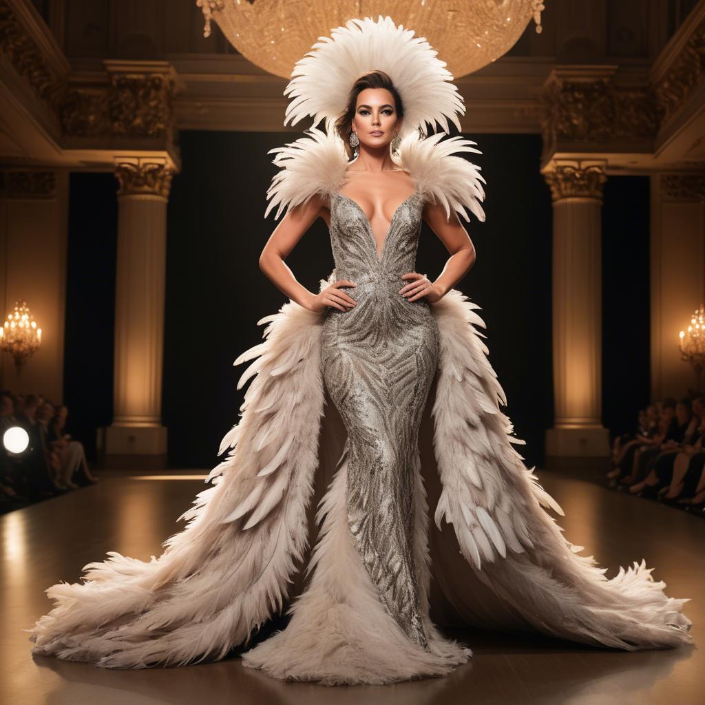 A stunning image of glamorous diva in a feathered gown on a grand stage.