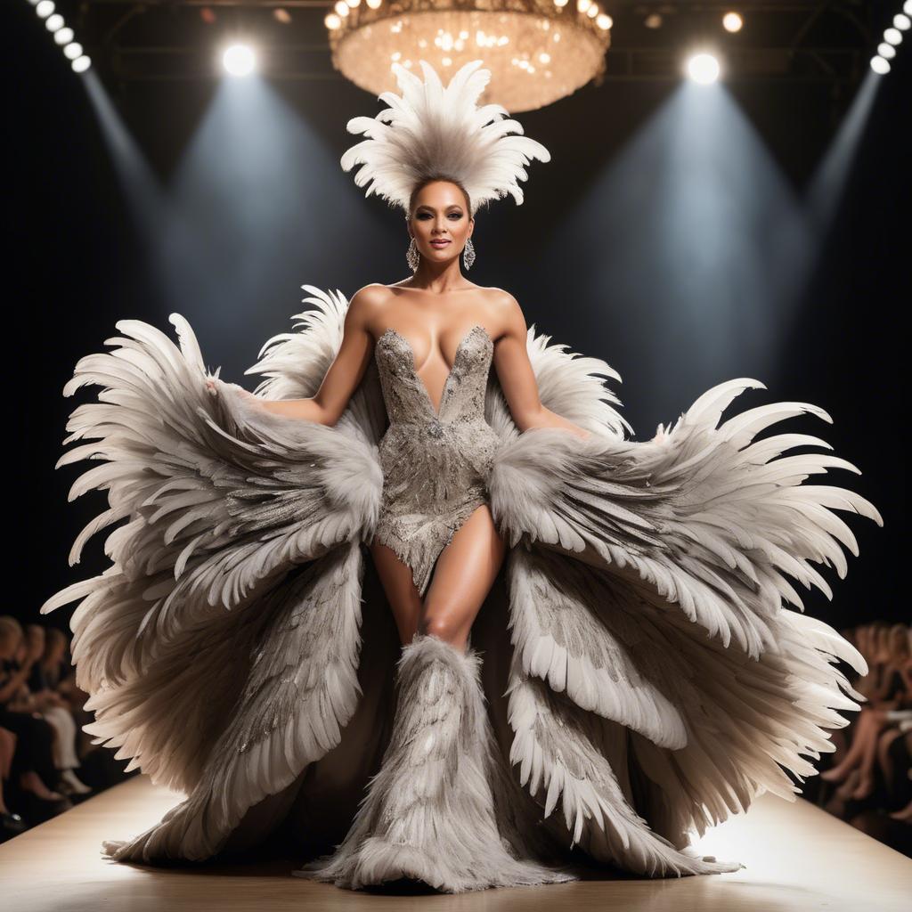 A stunning image of glamorous diva in a feathered gown on a grand stage.