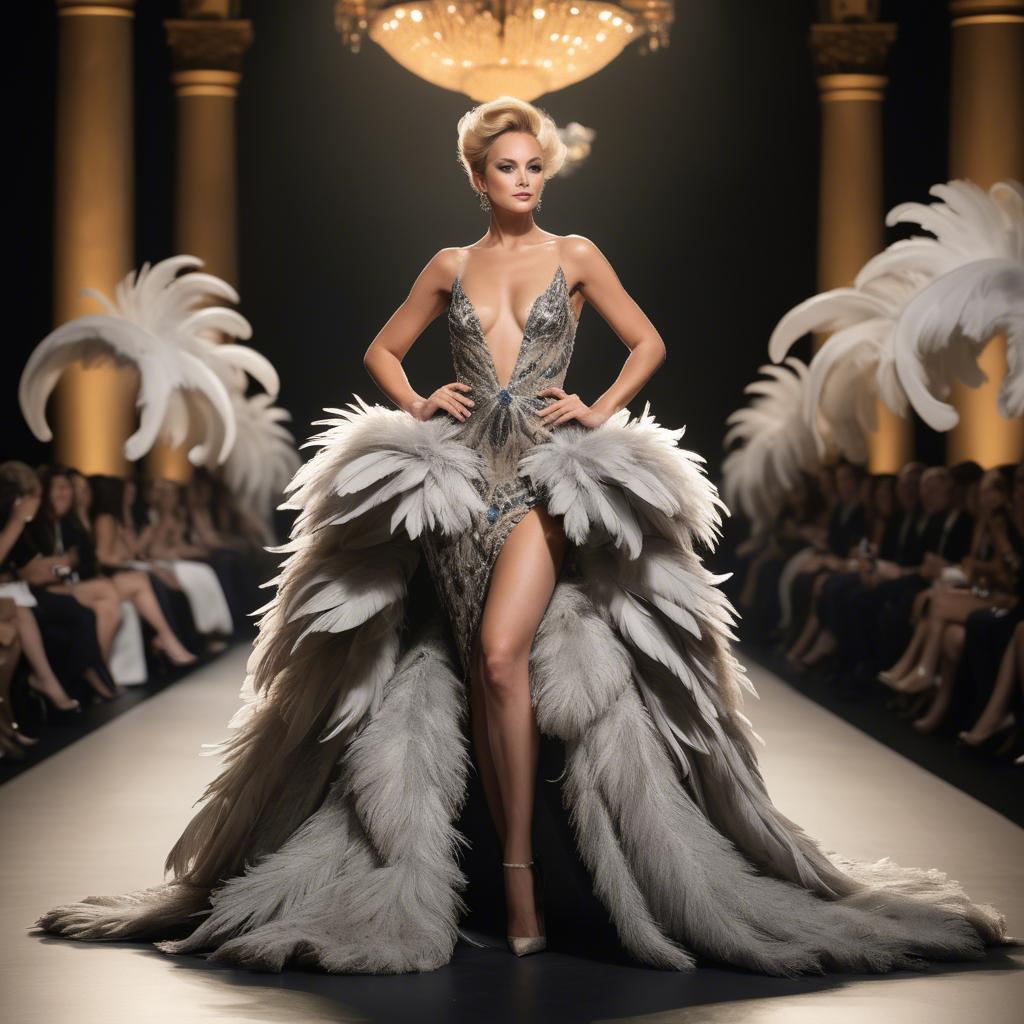 A stunning image of glamorous diva in a feathered gown on a grand stage.