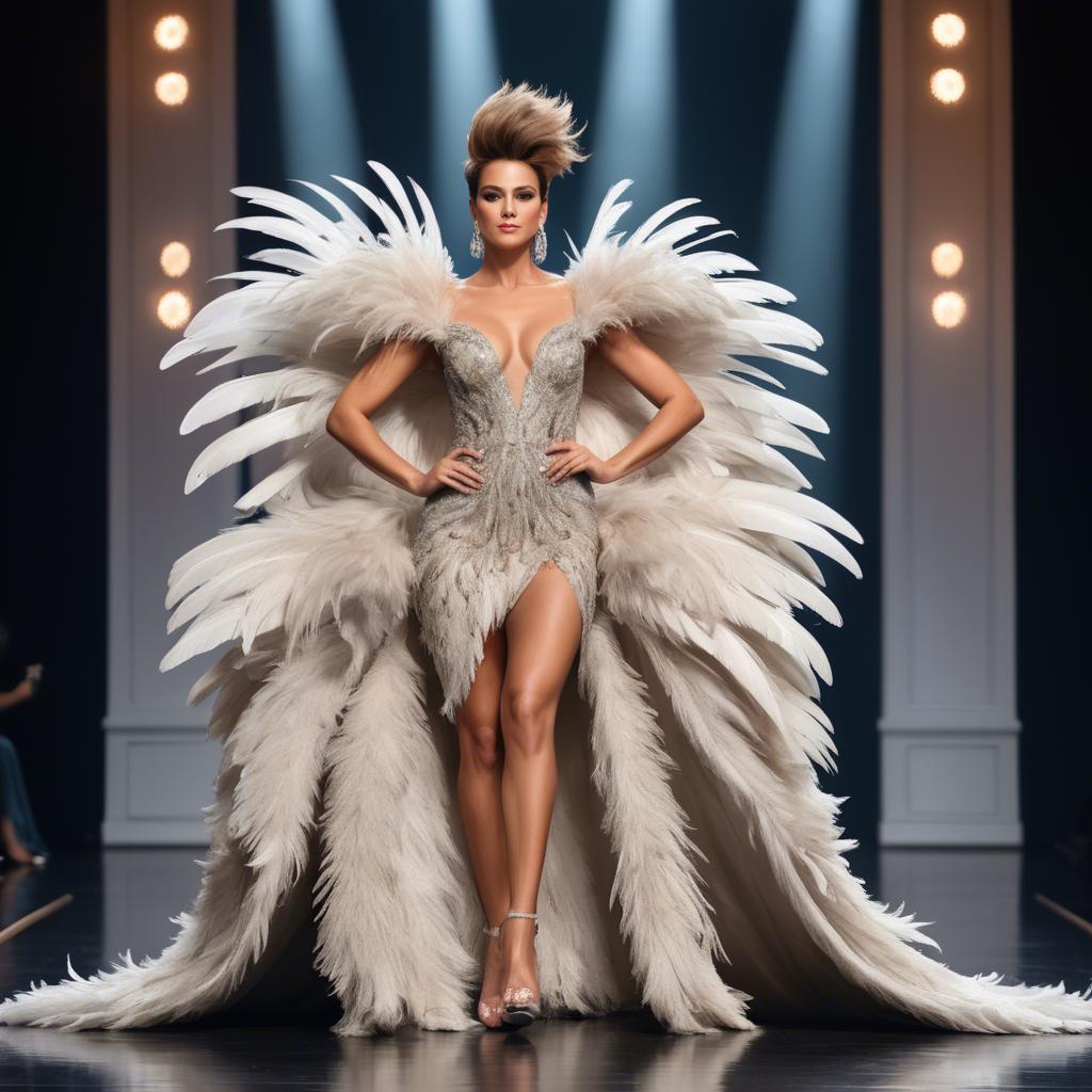 A stunning image of glamorous diva in a feathered gown on a grand stage.