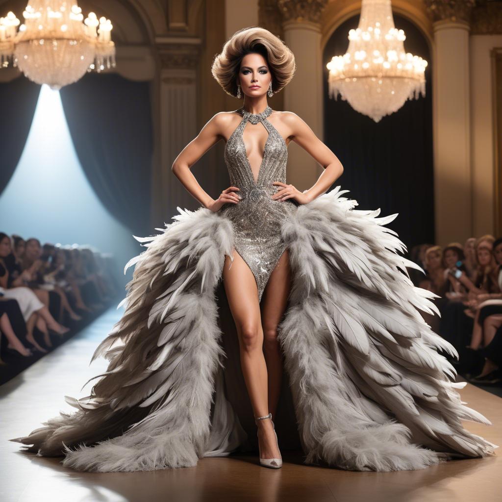 A stunning image of glamorous diva in a feathered gown on a grand stage.
