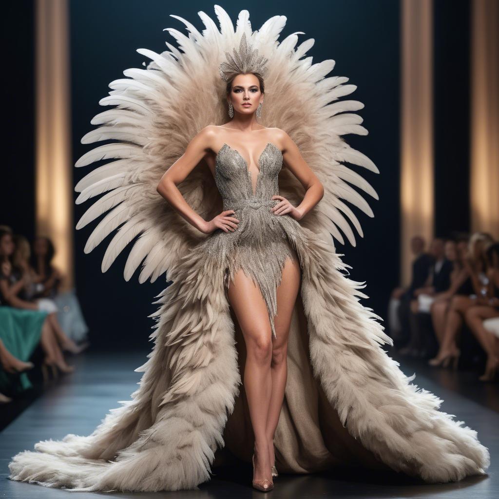 A stunning image of glamorous diva in a feathered gown on a grand stage.