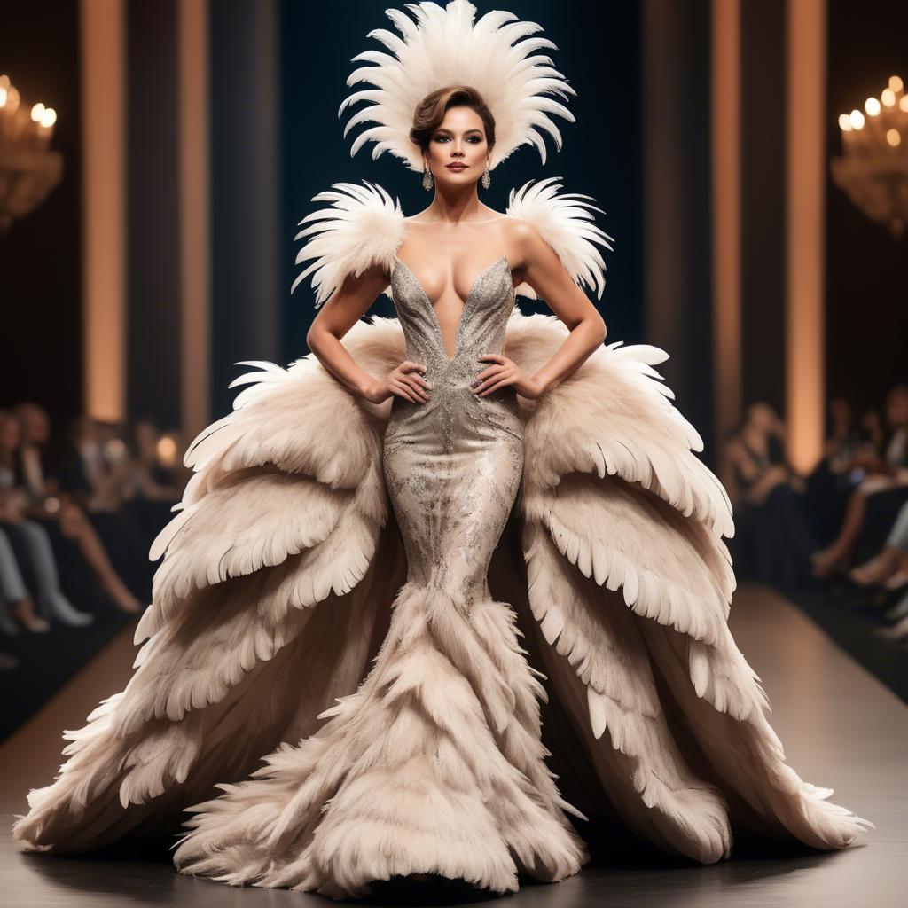 A stunning image of glamorous diva in a feathered gown on a grand stage.