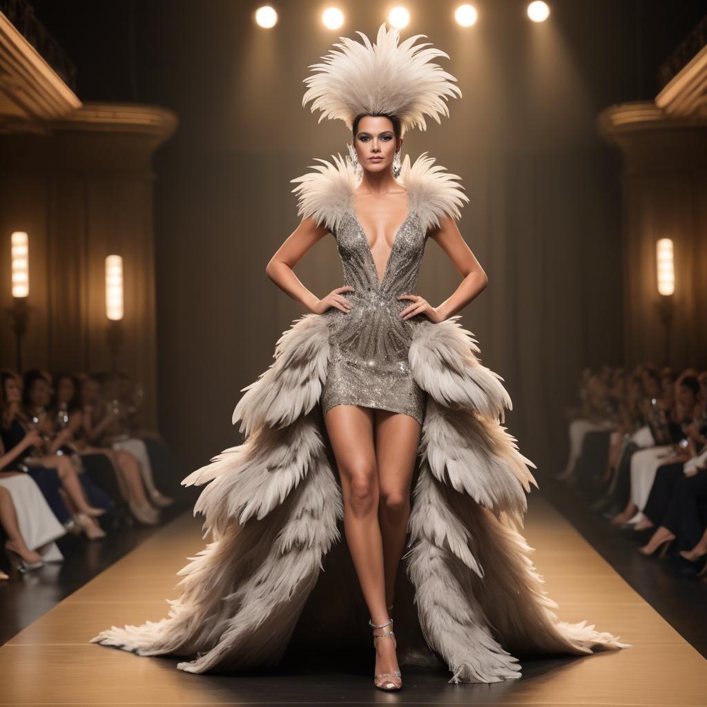 A stunning image of glamorous diva in a feathered gown on a grand stage.