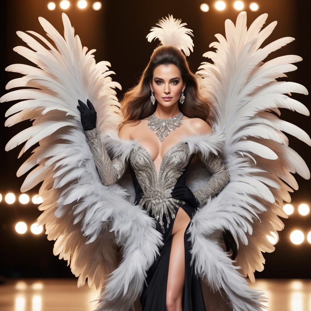 A stunning image of glamorous diva in a feathered gown on a grand stage.