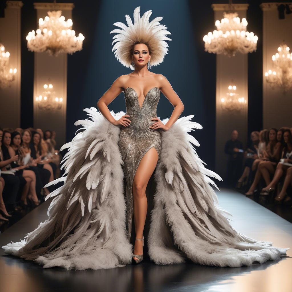 A stunning image of glamorous diva in a feathered gown on a grand stage.