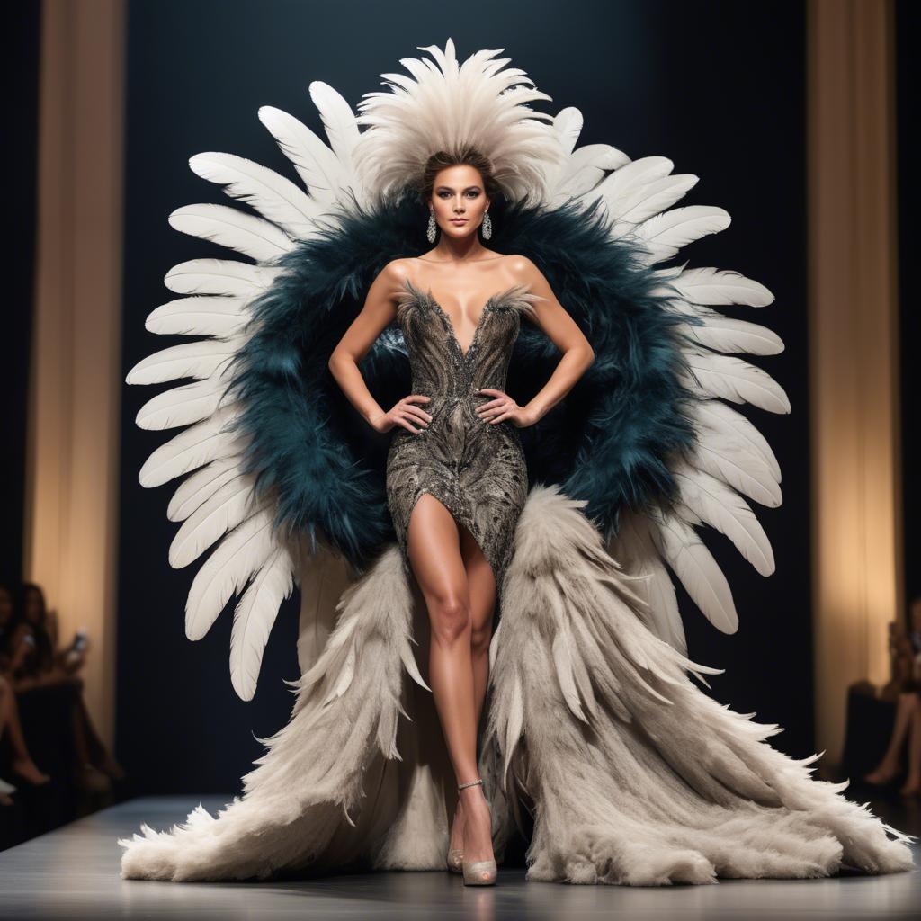 A stunning image of glamorous diva in a feathered gown on a grand stage.