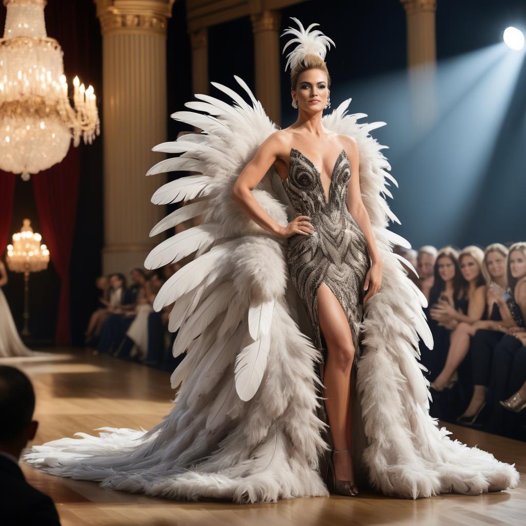 A stunning image of glamorous diva in a feathered gown on a grand stage.