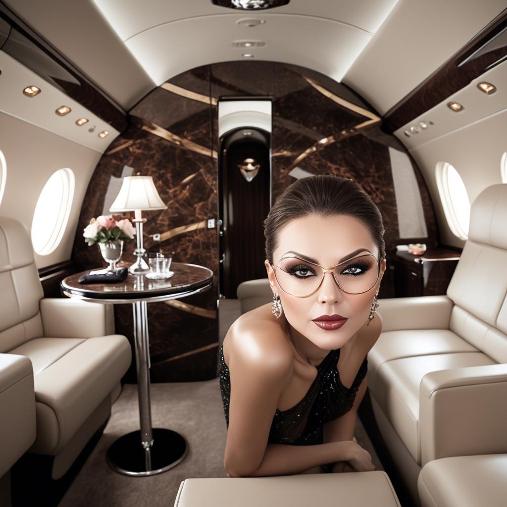 A stunning image of glamorous diva in a private jet cabin.