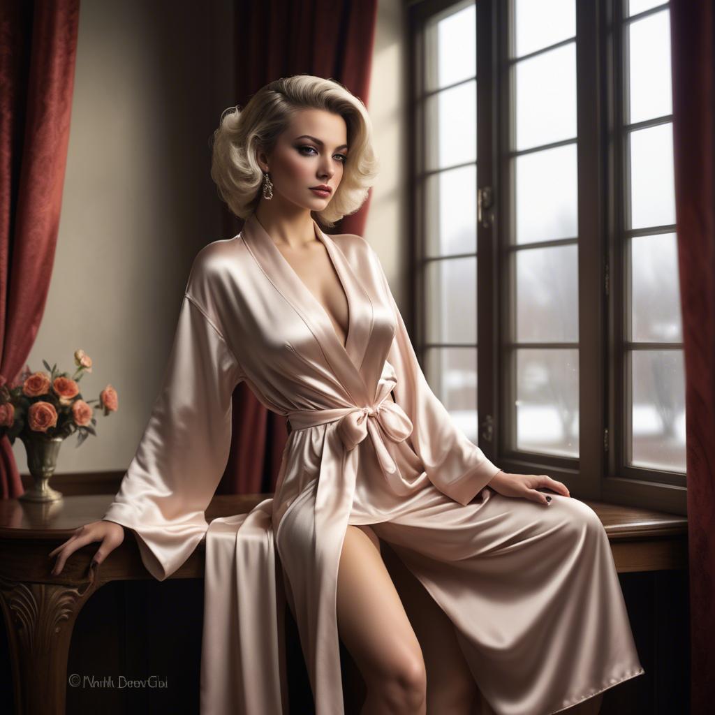 A stunning image of glamorous diva in a satin robe by a grand window.