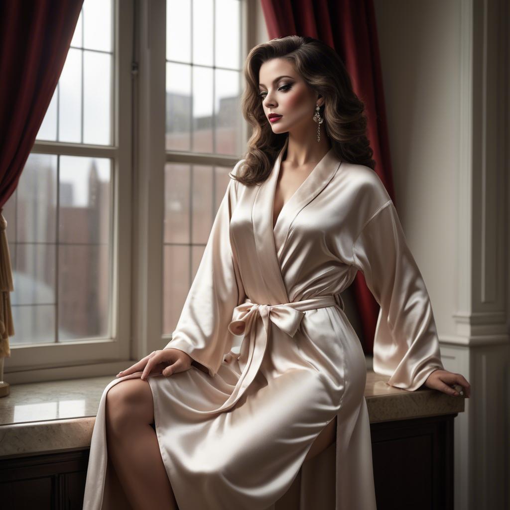 A stunning image of glamorous diva in a satin robe by a grand window.